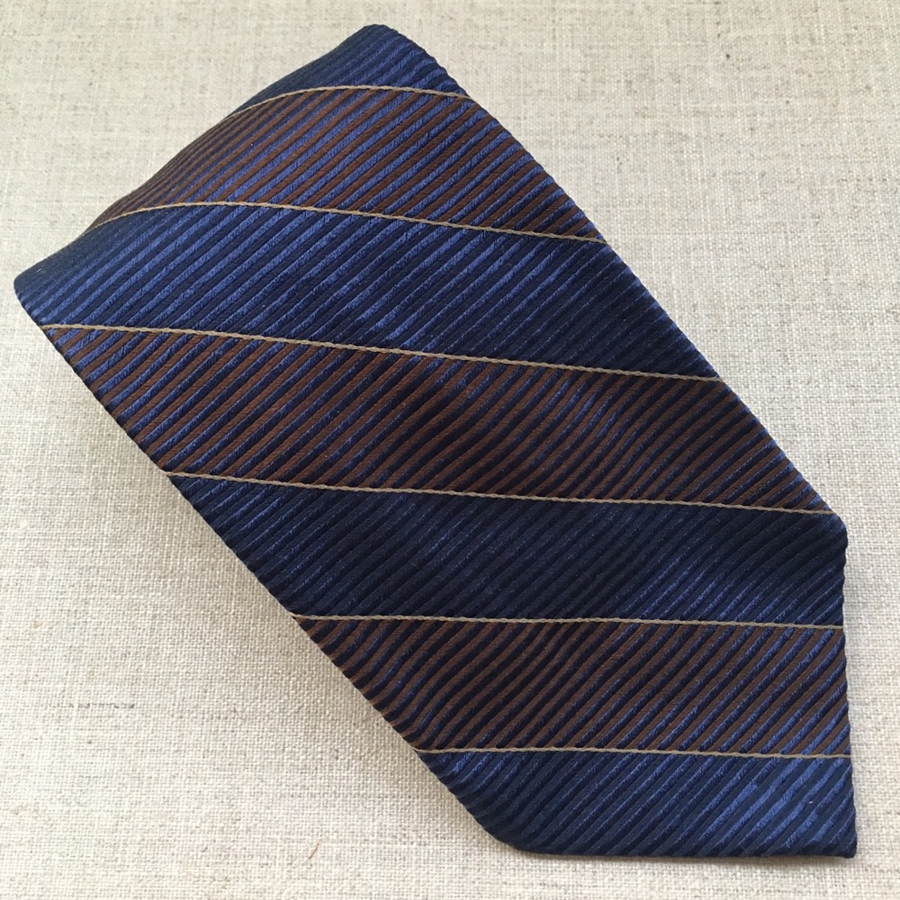 Faconnable Navy Blue Brown Striped Silk Tie